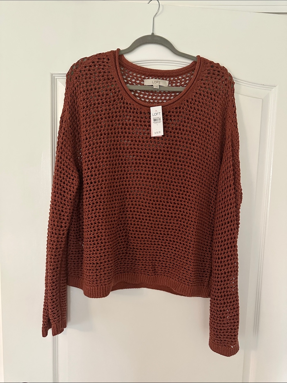 LOFT Open-Weave Crewneck Sweater in Rust